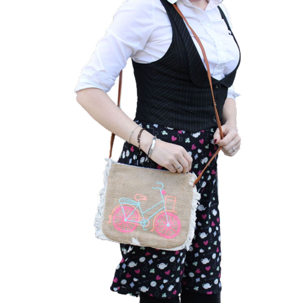 Fab Fringe Bag - Bicycle Embroidery on Jute – view 2