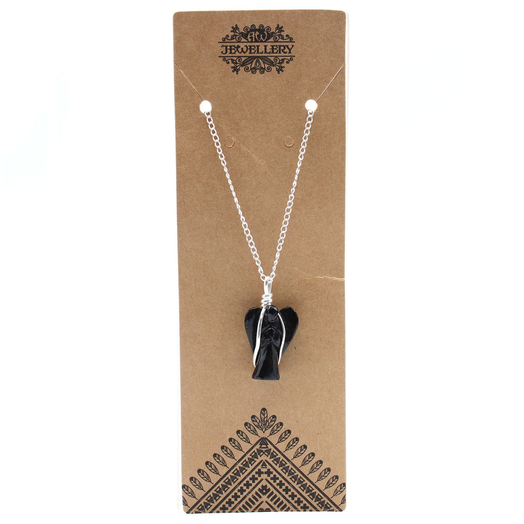 Black Agate Guardian Angel Gemstone Pendant Necklace