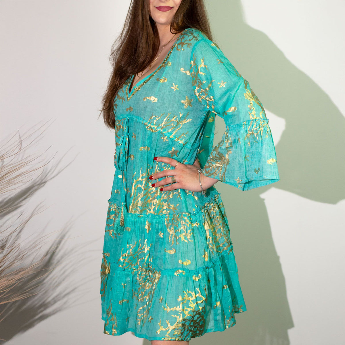Nomad Sari Cotton Dress - Turquoise & Gold Coral Print – view 4
