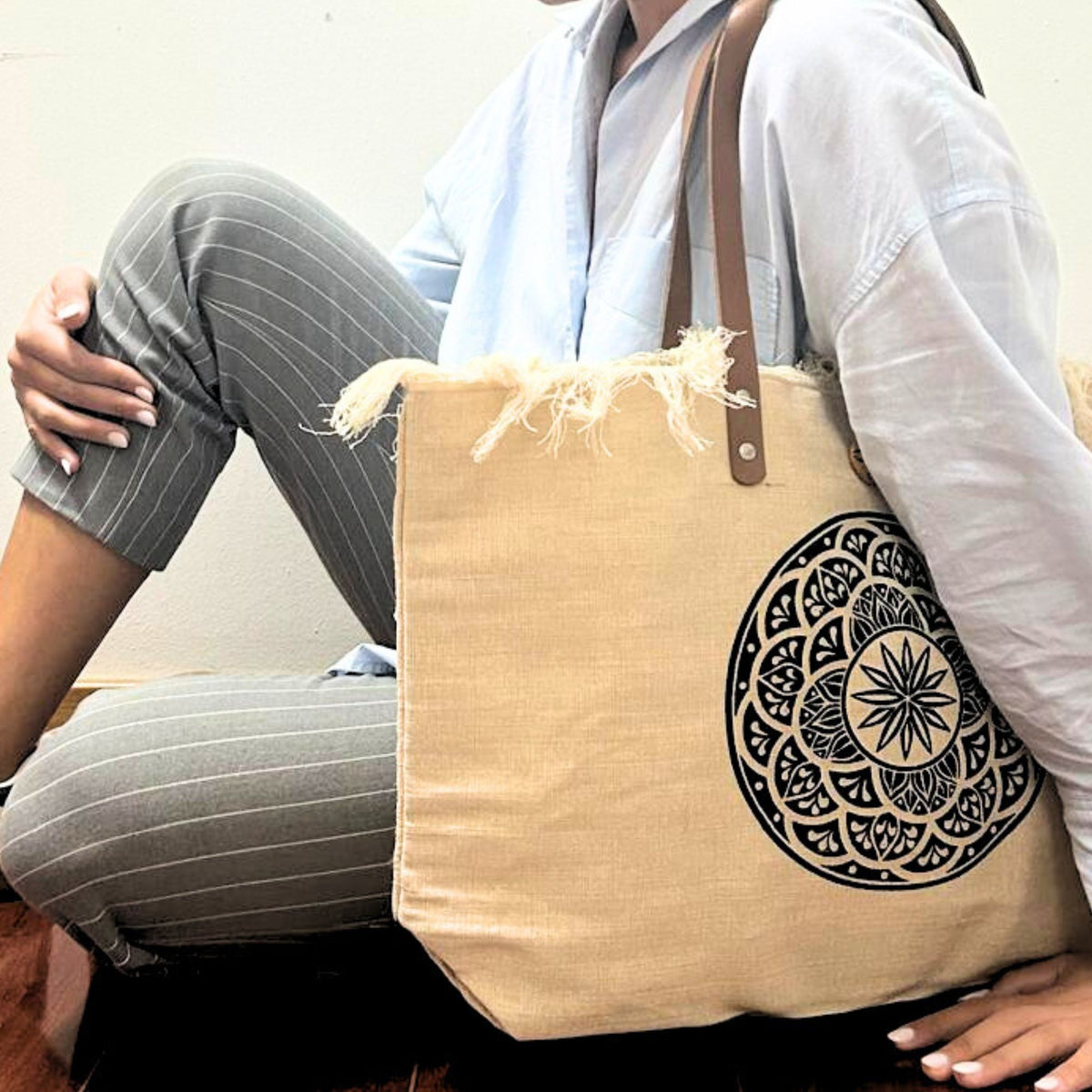 Natural Cotton Tote Bag with Leather Handle - Mandala – view 4