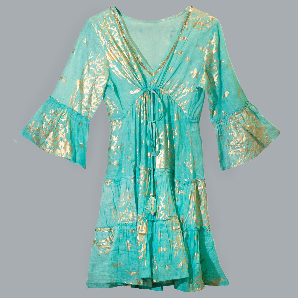 Nomad Sari Cotton Dress - Turquoise & Gold Coral Print – view 6