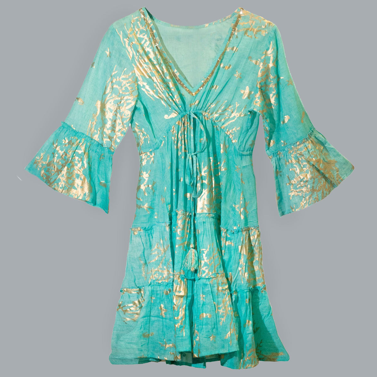 Nomad Sari Cotton Dress - Turquoise & Gold Coral Print – view 6