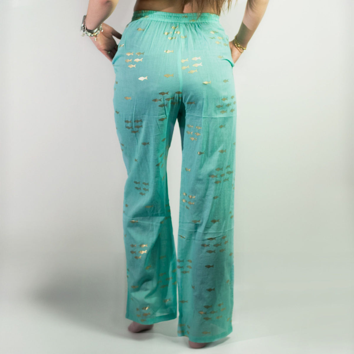 Nomad Sari Cotton Lounge Pants - Turquoise & Gold Fish Design – view 2