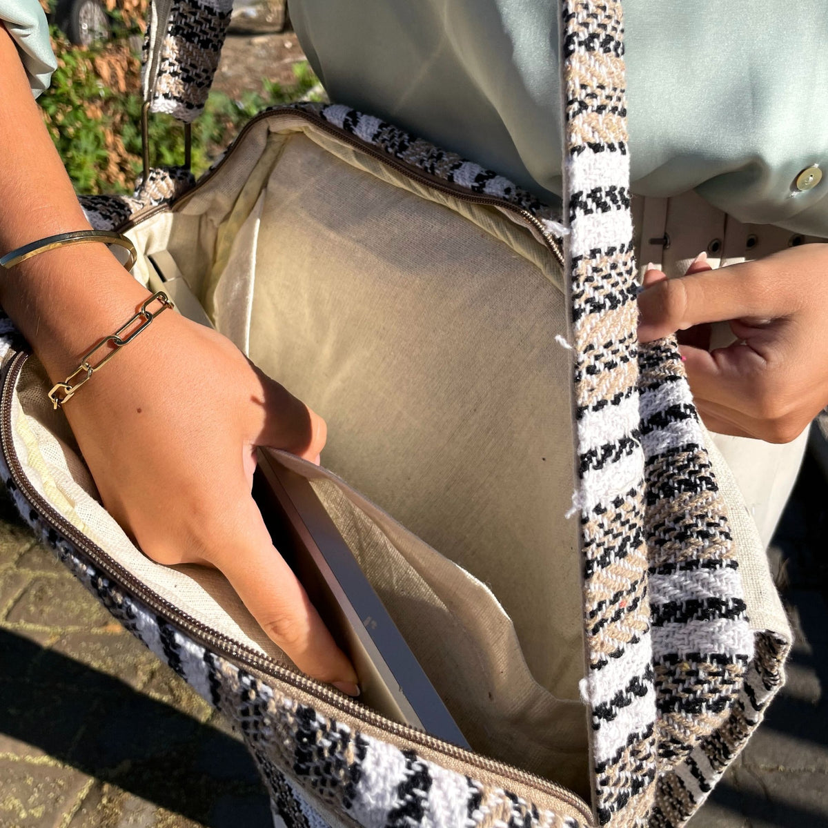 Soft Cotton Laptop Bag - Cream and Grey
