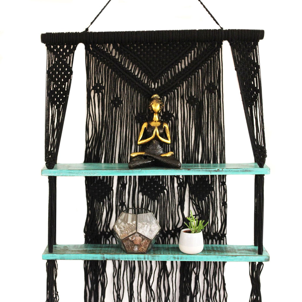 Macrame Hanging Shelf - Black Wood, Turquoise Rope, 150 cm – view 4