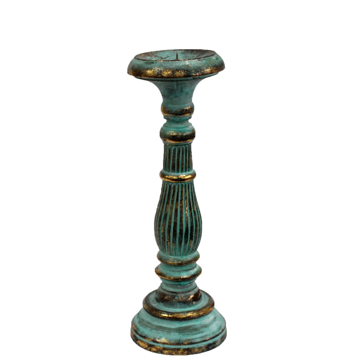 Medium Wooden Candle Stand - Turquoise & Gold, 34cm