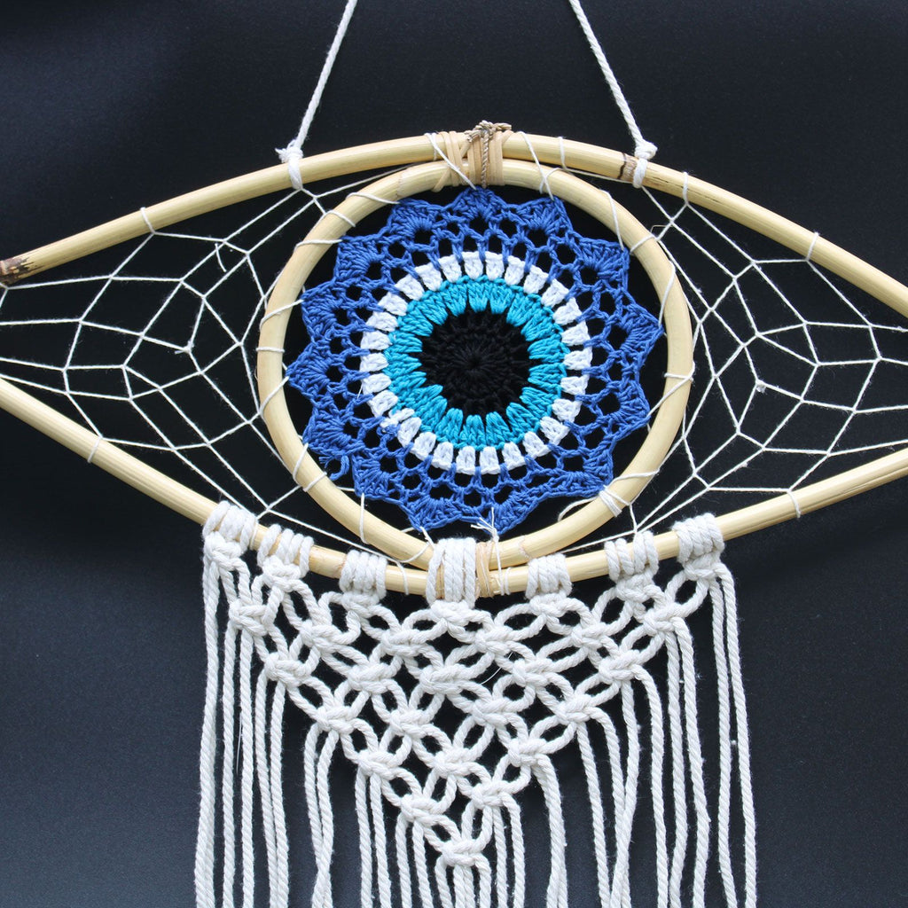 Medium Macrame Evil Eye Dream Catcher - Blue, White & Black