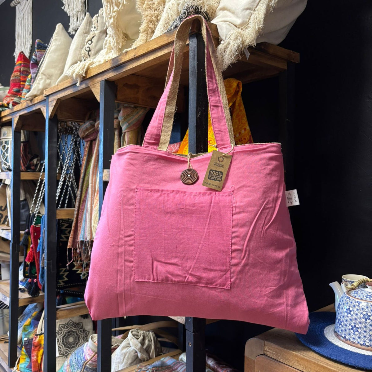 Reversible Jute and Cotton Big Bag in Pink – view 4