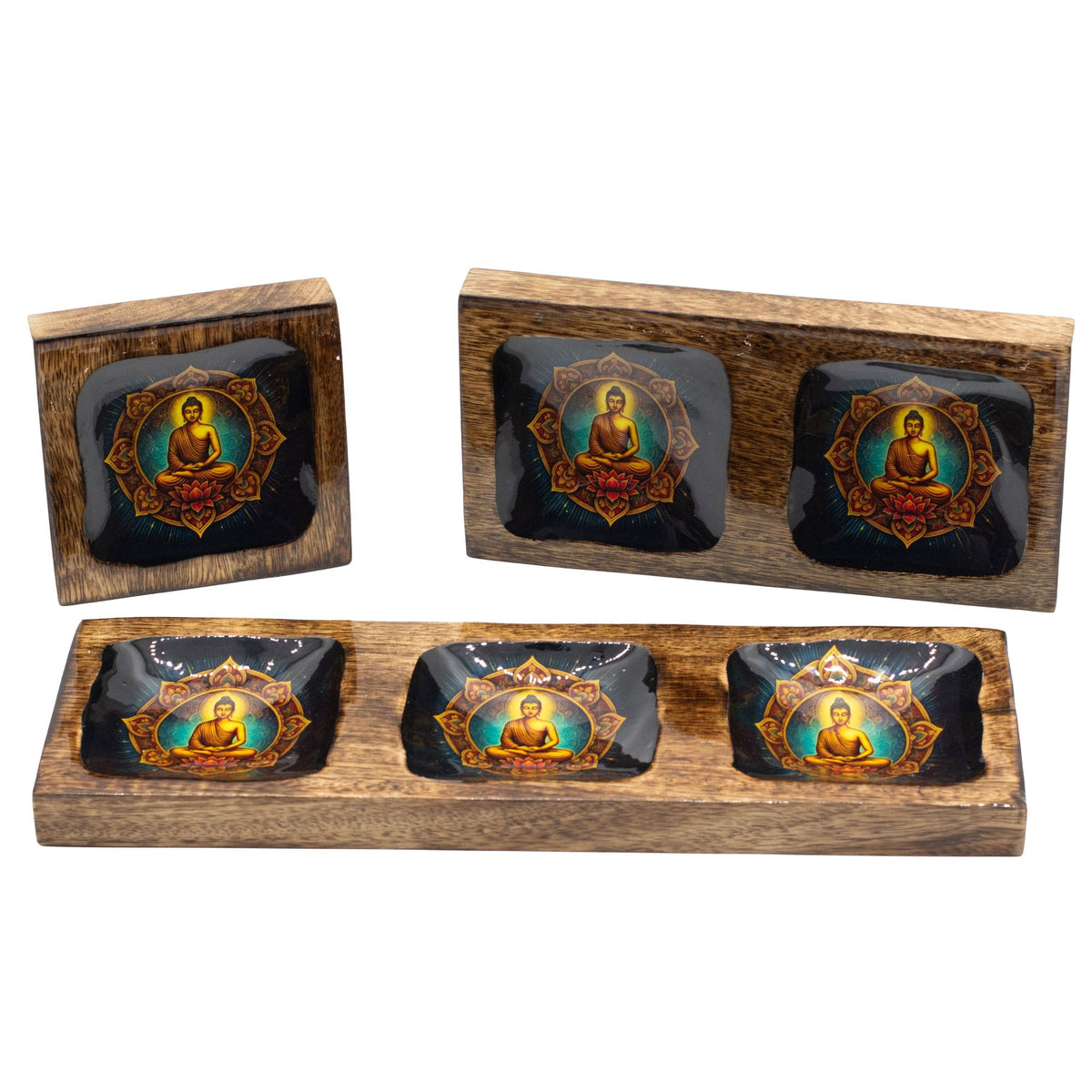 Mango Wood Enamelled Tray Set, Buddha Design, Large