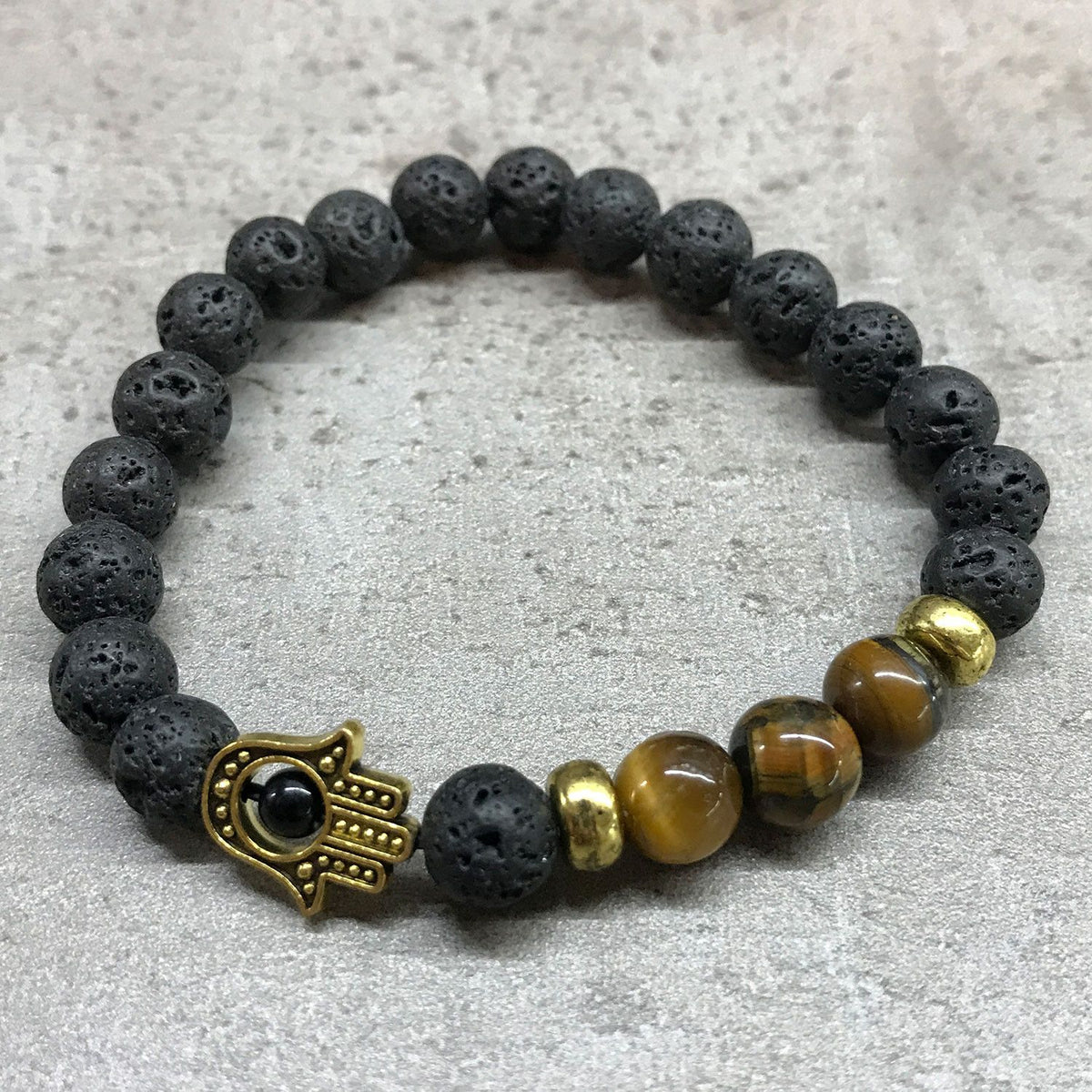 Lava Stone Bracelet with Hamsa Charm and Tiger's Eye – view 2