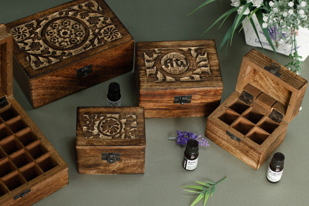 Carved Mango Wood Essential Oil Box - Holds 12 Bottles – view 4