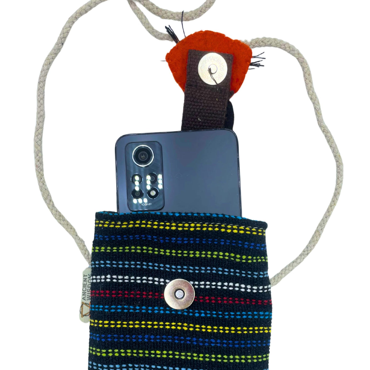 Cotton Phone Holder Bag with Fox Print, Black and Multi – view 3