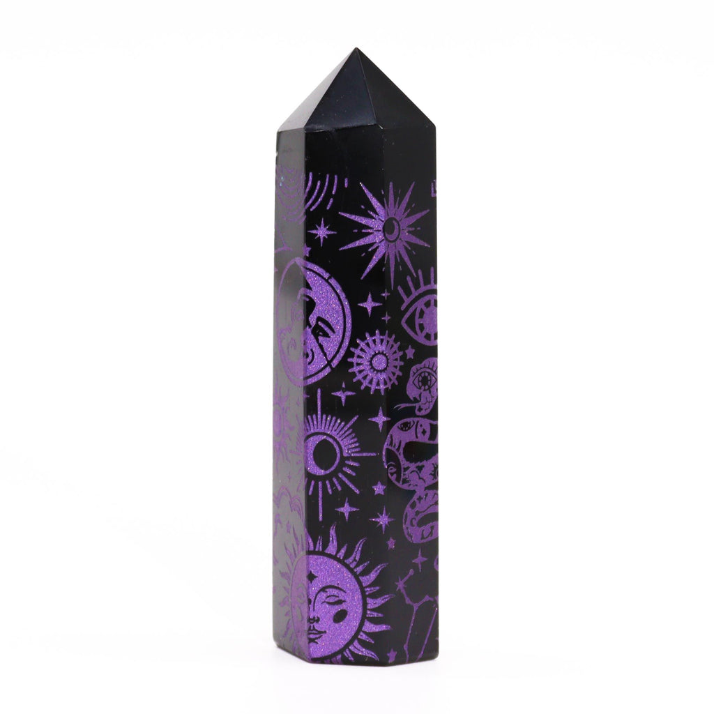 Engraved Black Obsidian Point - Deep Purple Celestial Symbols – view 6