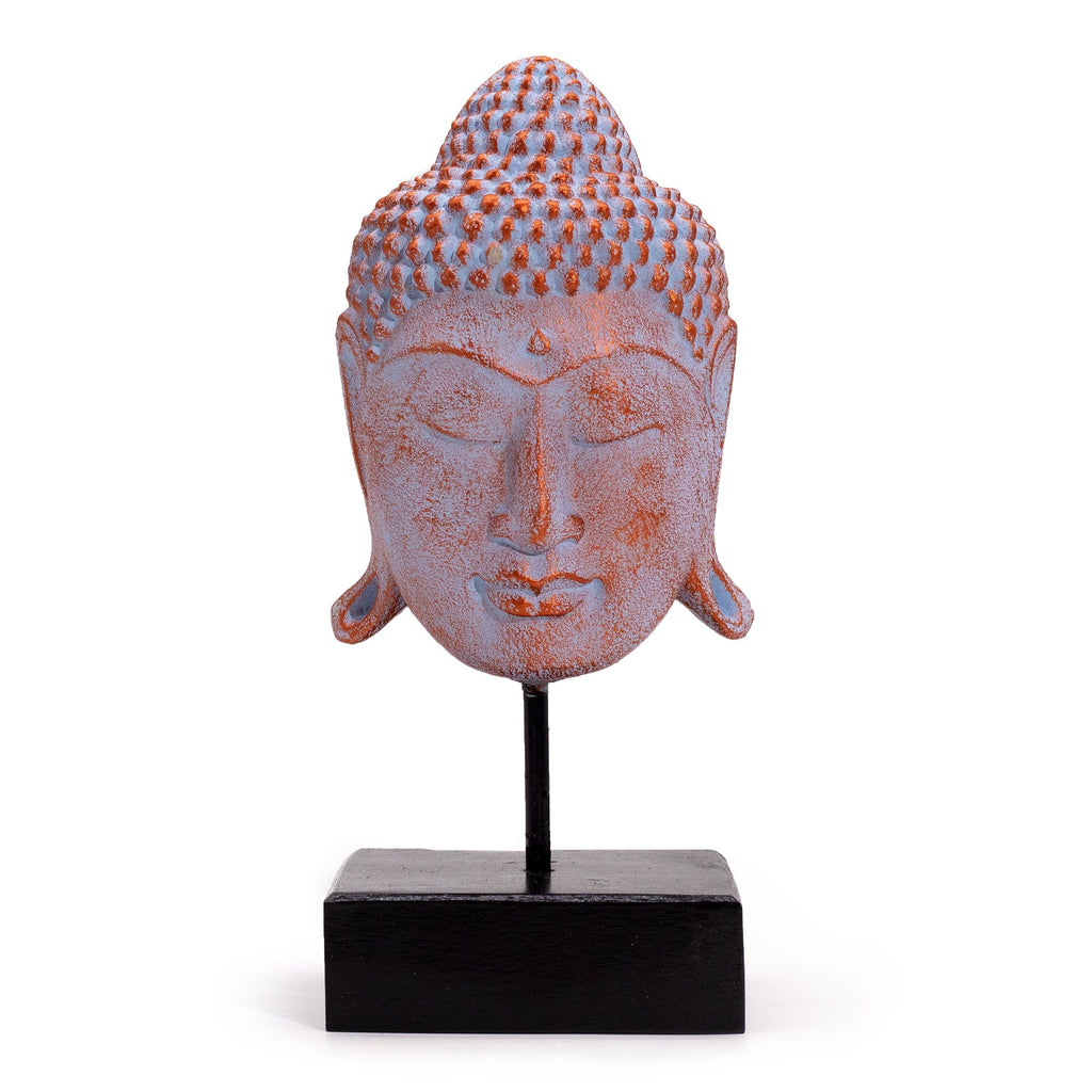 Large Buddha Head Statue on Stand, Blue Copper