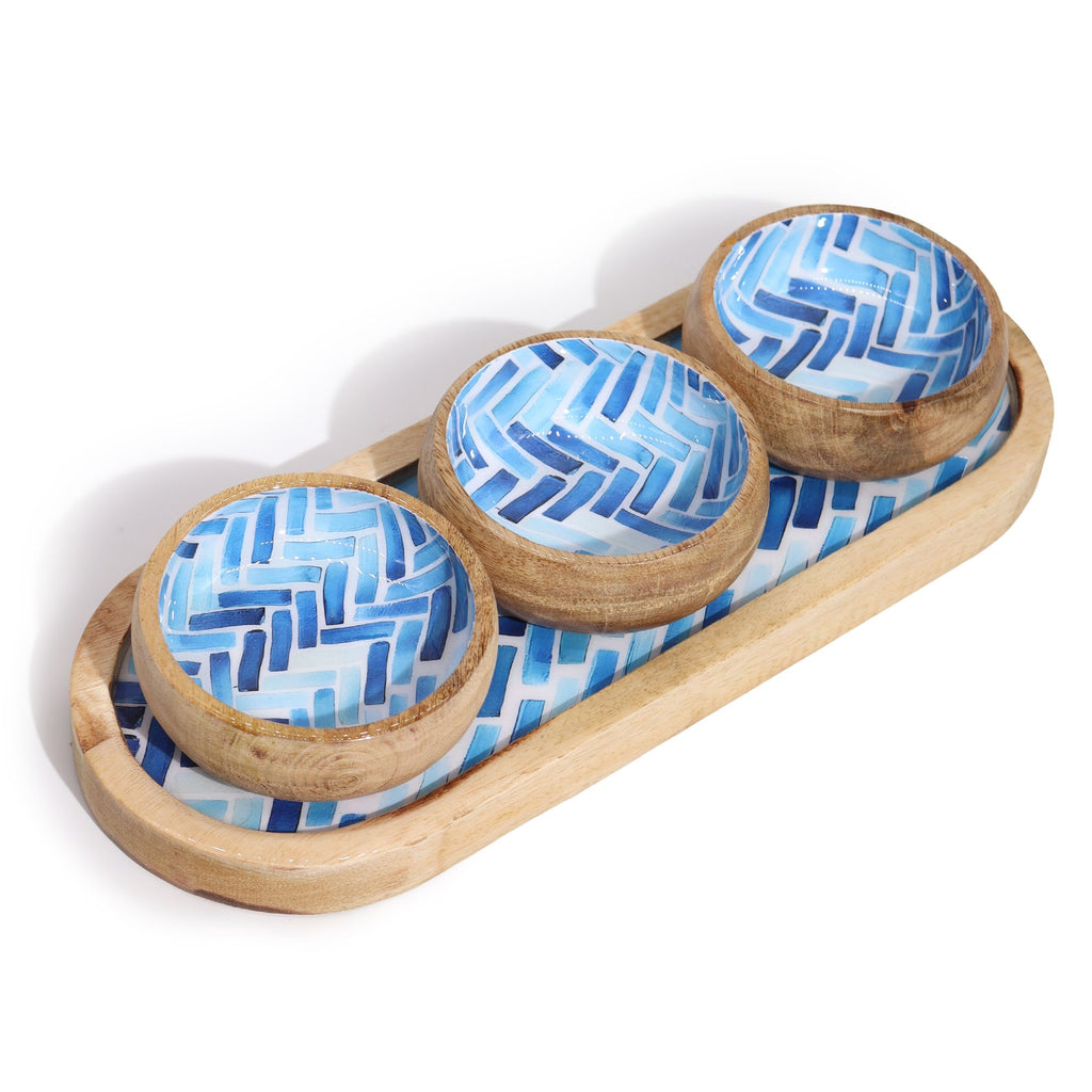Mango Wood Tray with 3 Bowls - Blue Stripes – view 6