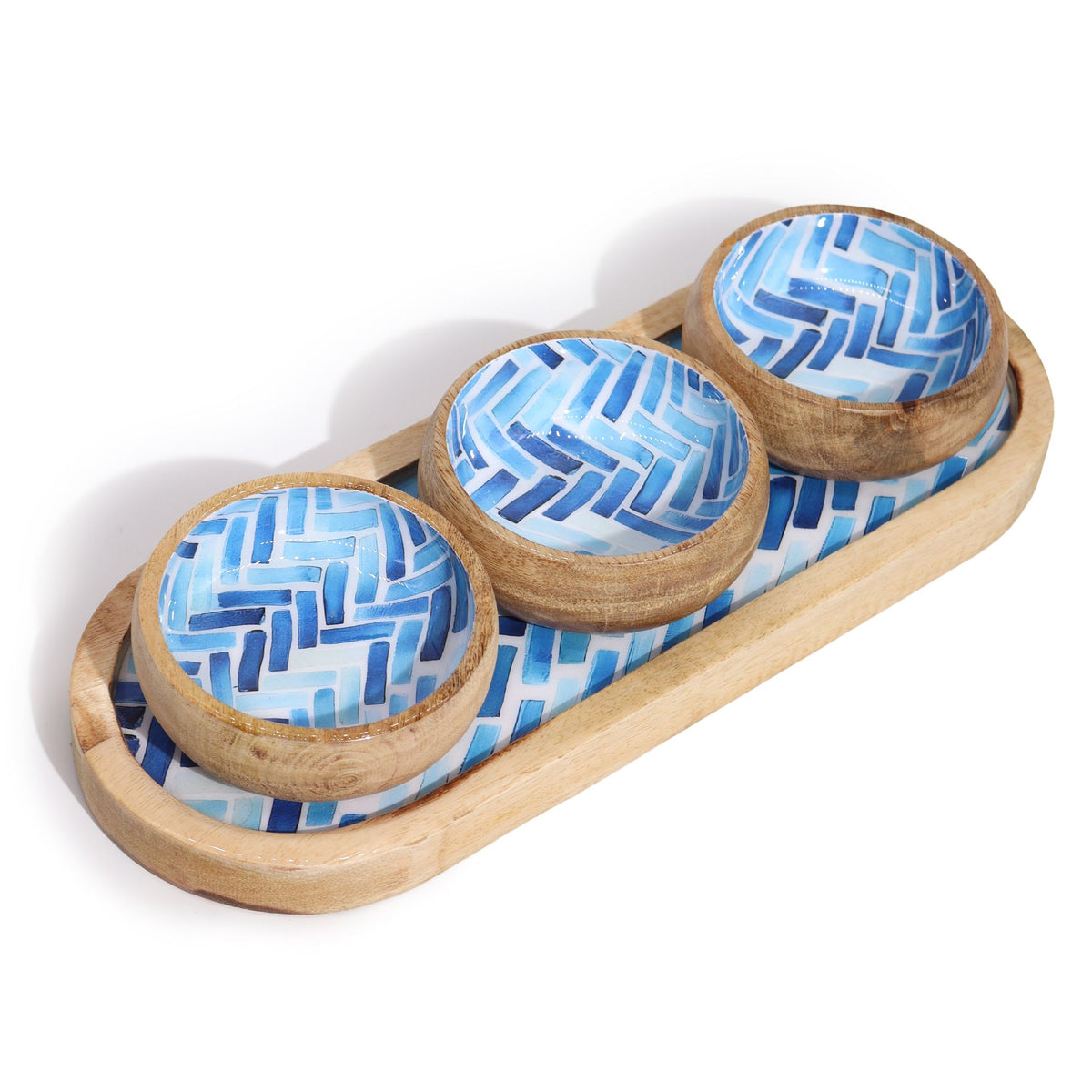 Mango Wood Tray with 3 Bowls - Blue Stripes – view 6