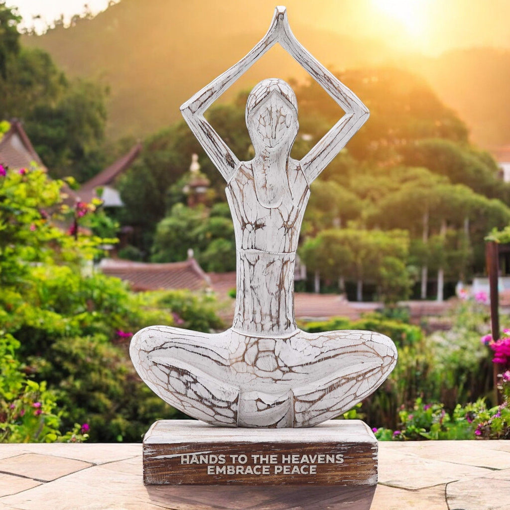 Wooden Yoga Lady Statue - Hands Up Pose, Whitewash Finish – view 2