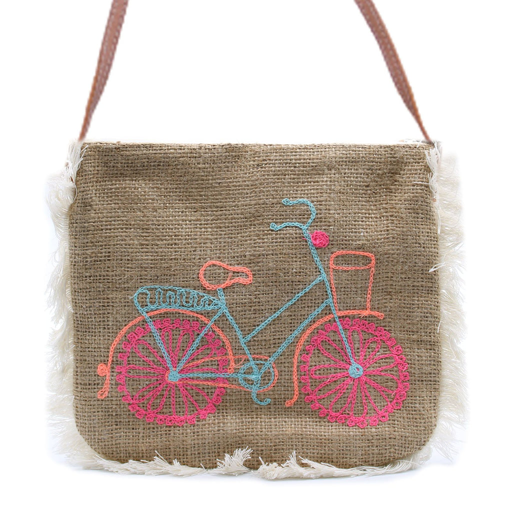 Fab Fringe Bag - Bicycle Embroidery on Jute