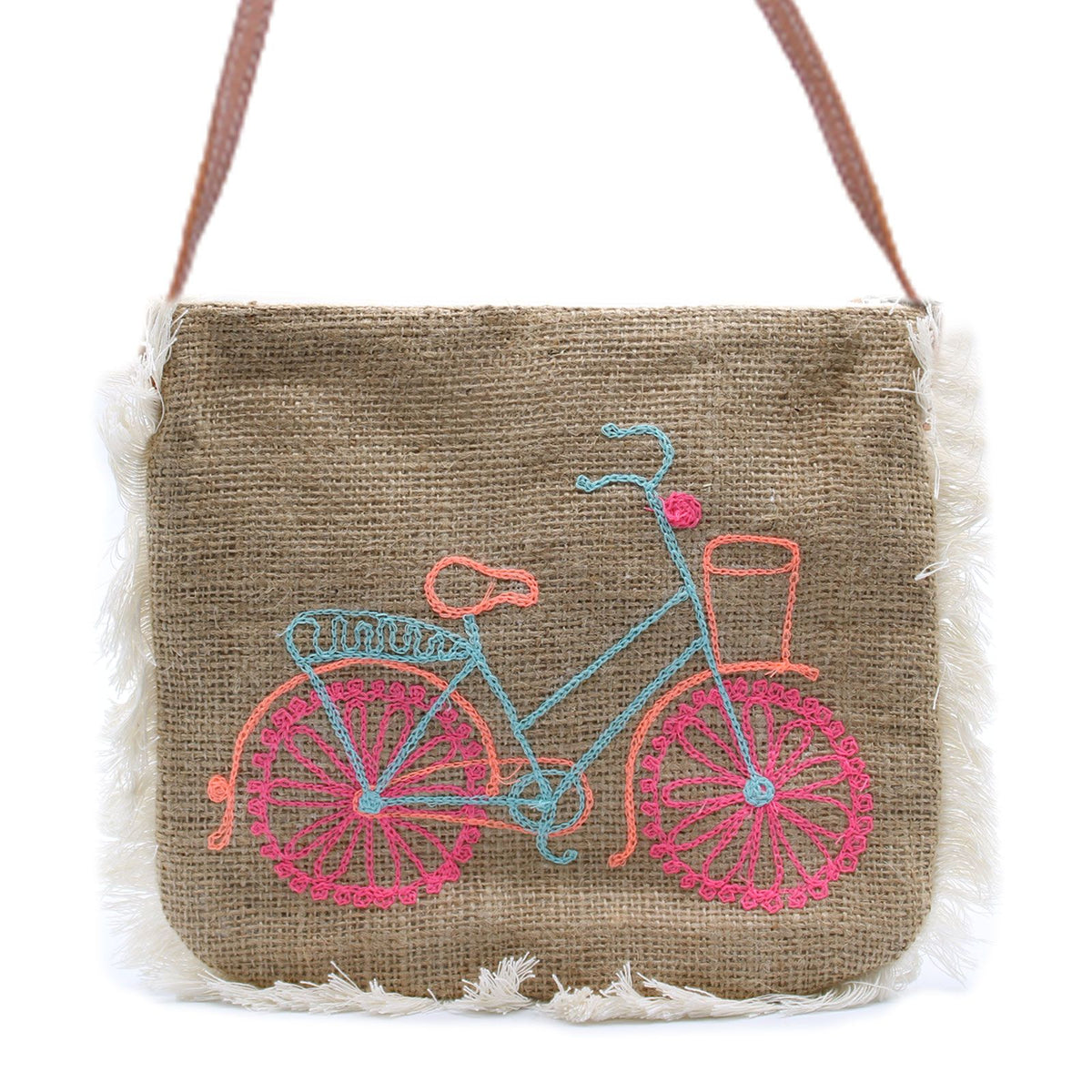 Fab Fringe Bag - Bicycle Embroidery on Jute