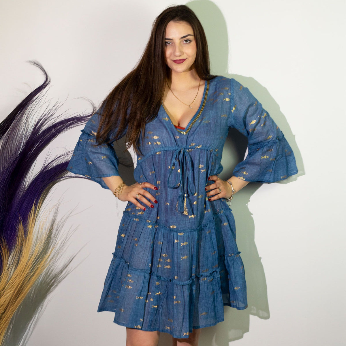 Nomad Sari Cotton Dress - Sea Blue & Gold Fish Print – view 5