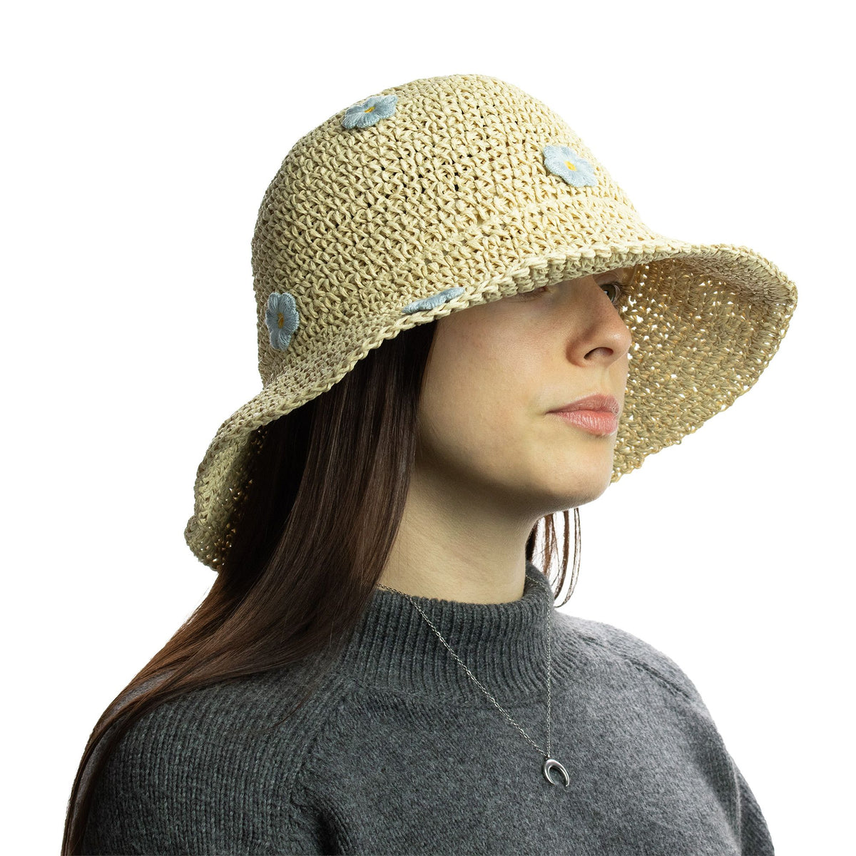 Nomad Sari Floppy Straw Sun Hat - Beige with Blue Flowers – view 5