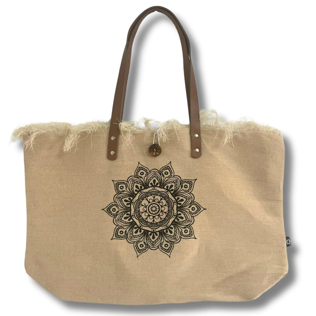 Natural Cotton Tote Bag with Leather Handle - Flower of Life – view 3