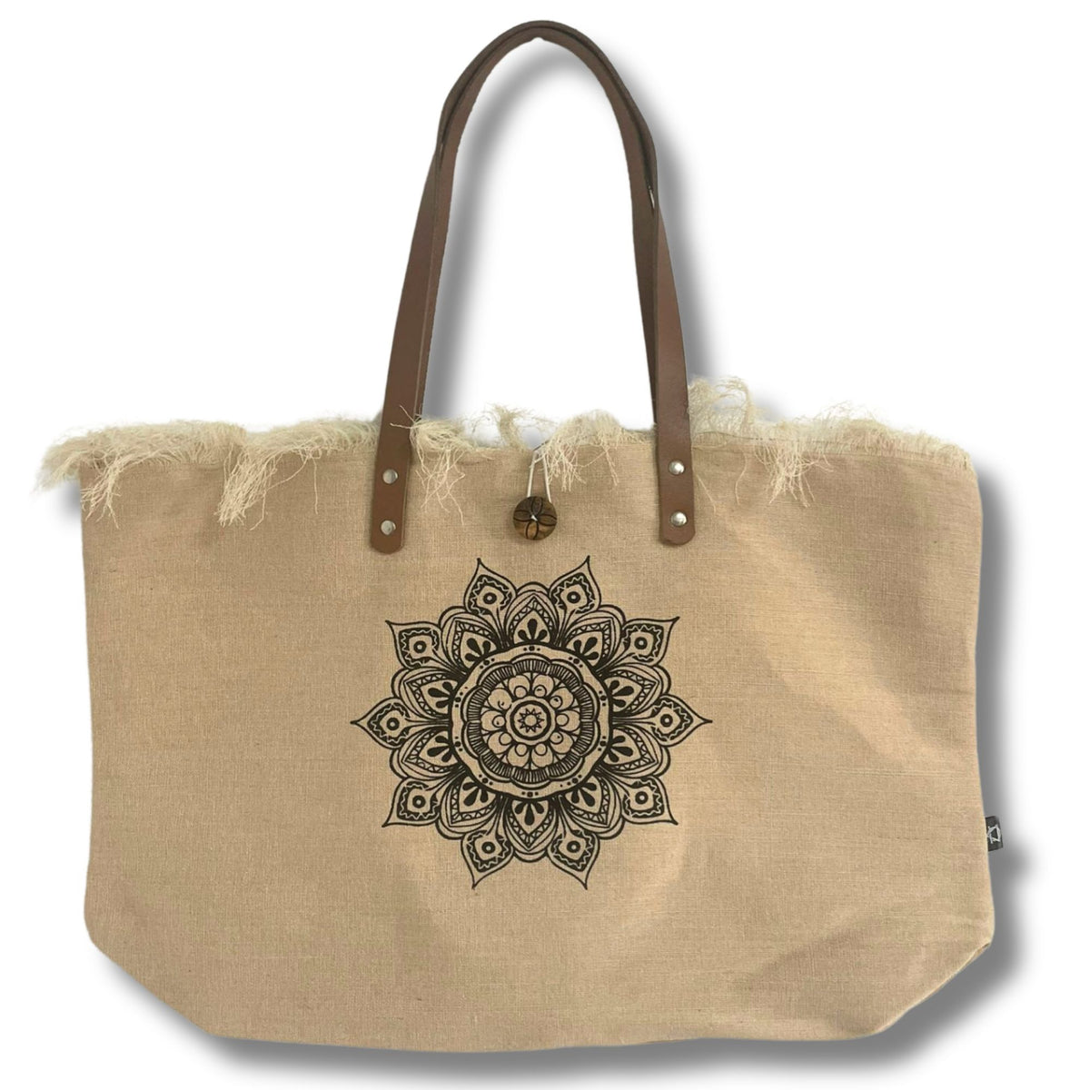 Natural Cotton Tote Bag with Leather Handle - Flower of Life – view 3