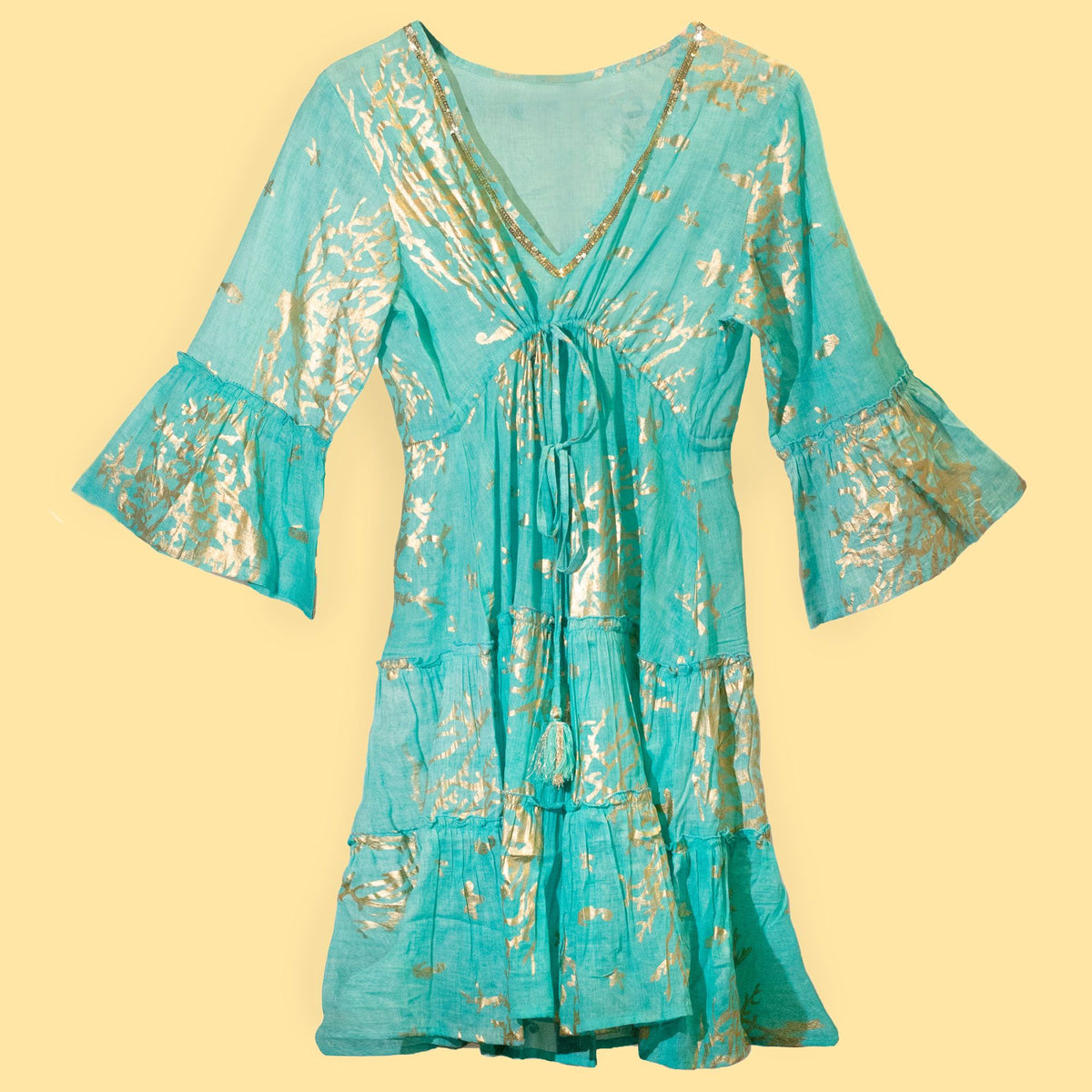 Nomad Sari Turquoise Dress with Gold Coral Print (M/L) – view 2