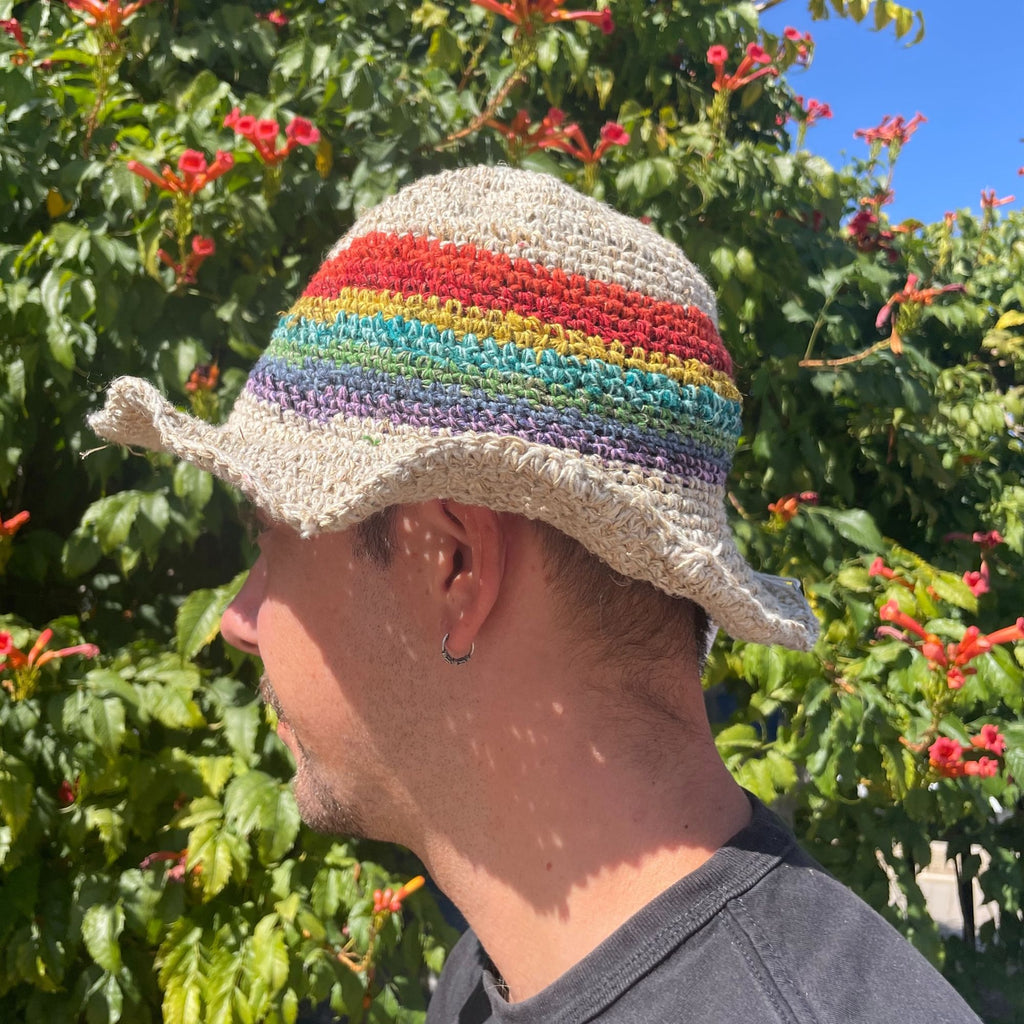 Hand-Knitted Hemp and Cotton Boho Festival Hat - Rainbow – view 3