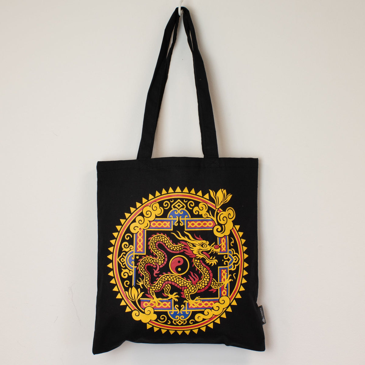 Dragon Yin Yang Cotton Tote Bag - Black