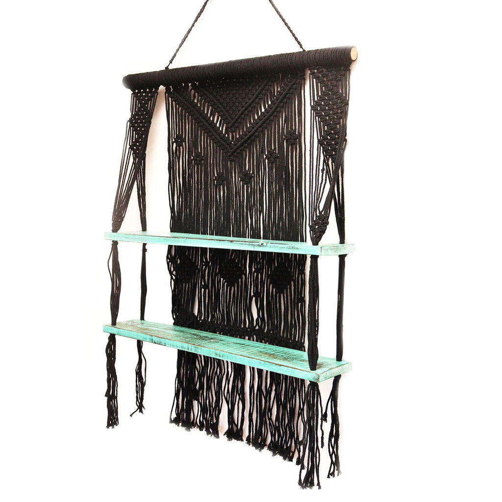 Macrame Hanging Shelf - Black Wood, Turquoise Rope, 150 cm