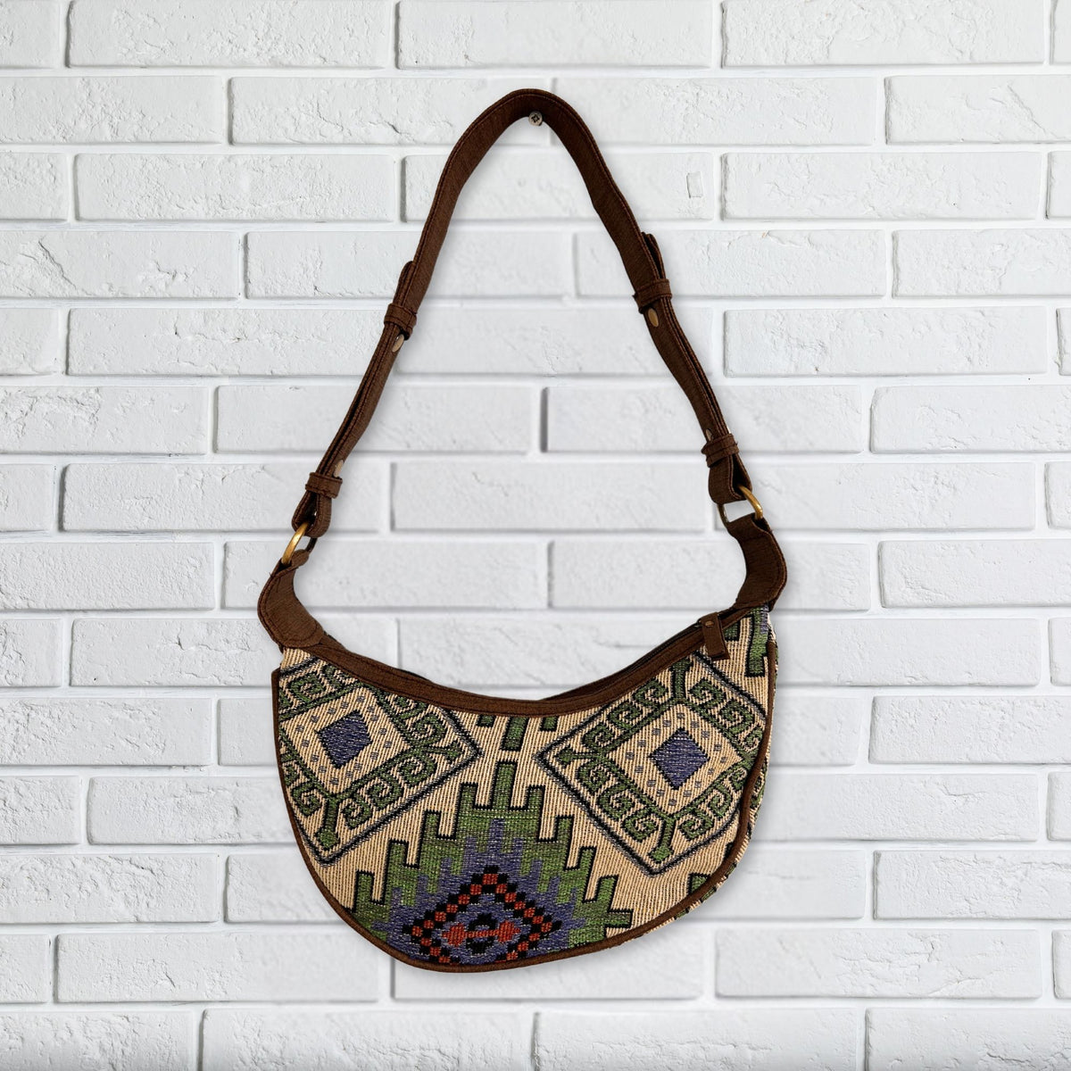 Jacquard Hobo Bag - Geo Green, Brown Strap – view 2