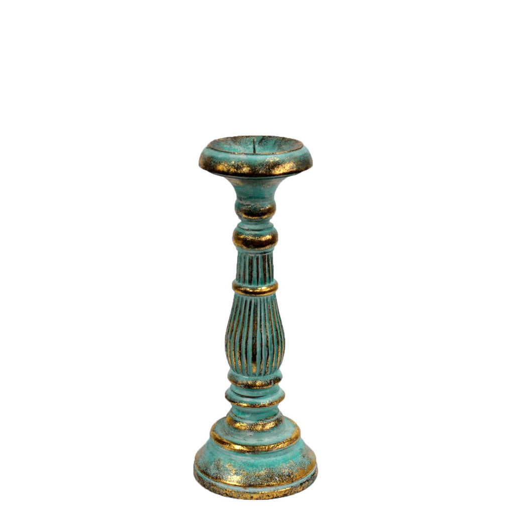 Small Wooden Candle Stand - Turquoise & Gold, 30cm