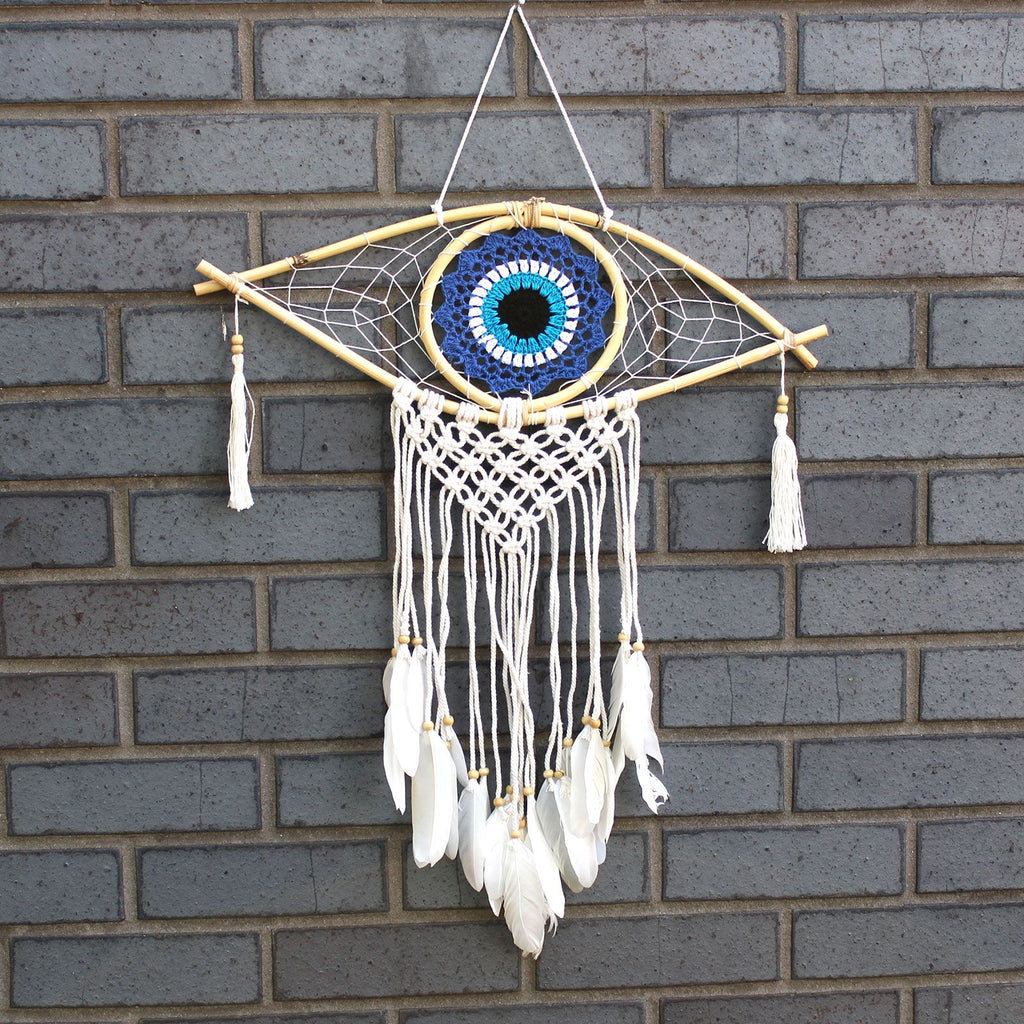 Medium Macrame Evil Eye Dream Catcher - Blue, White & Black – view 4