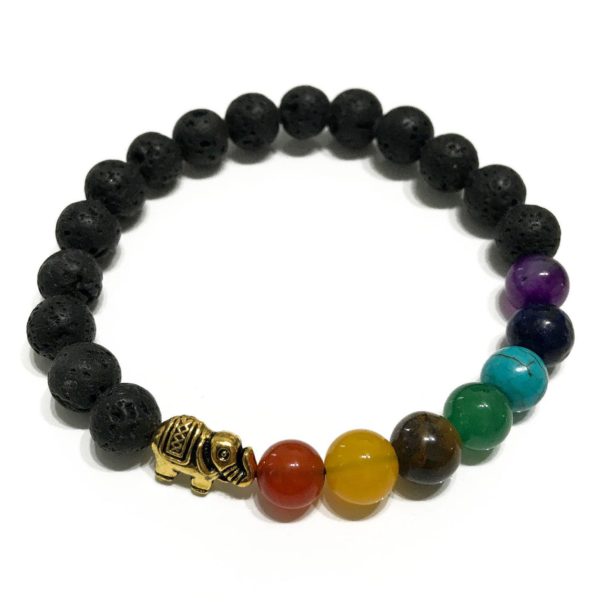Lava Stone Bracelet with Elephant Charm and Chakra Beads