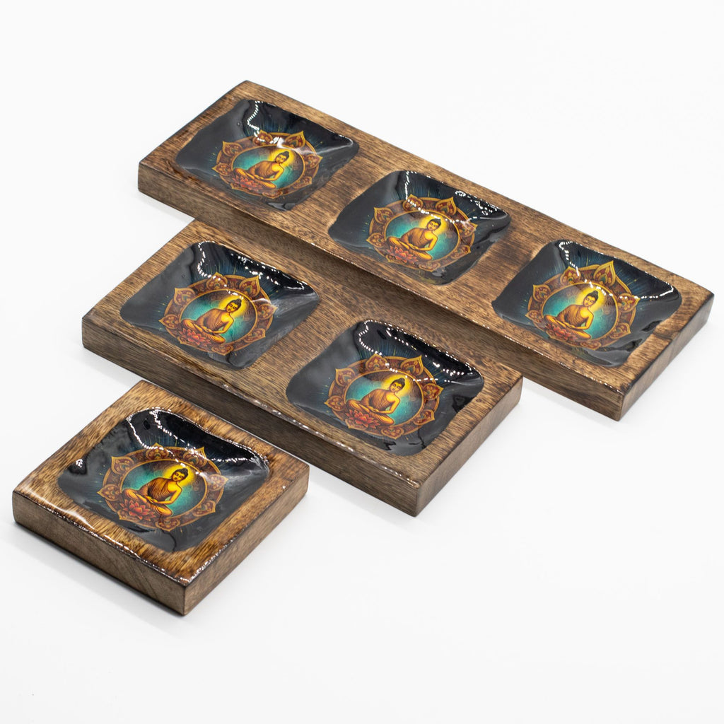 Mango Wood Enamelled Tray Set, Buddha Design, Large – view 2