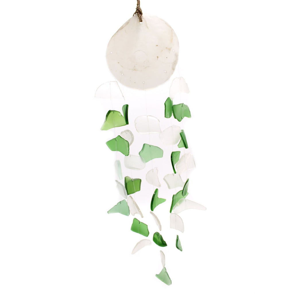 Recycled Glass Drop Wind Chime - Green & White