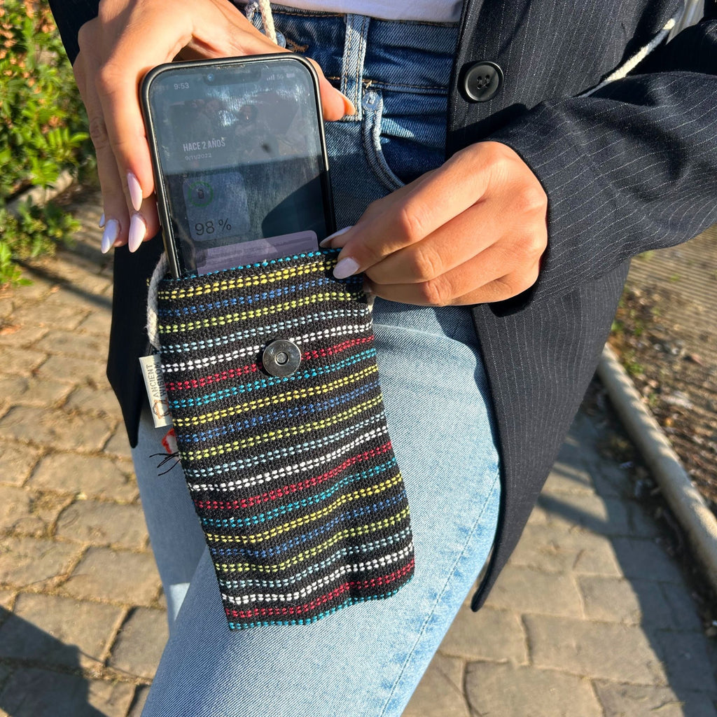 Cotton Phone Holder Bag with Fox Print, Black and Multi – view 2
