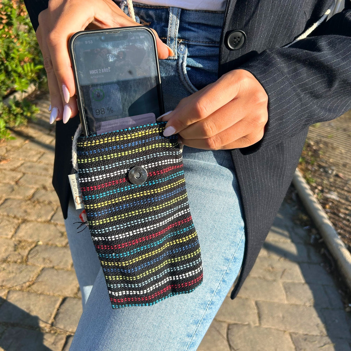 Cotton Phone Holder Bag with Fox Print, Black and Multi – view 2