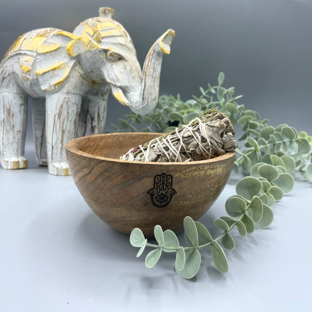 Wooden Ritual Offering Bowl - Hamsa - 14x7cm