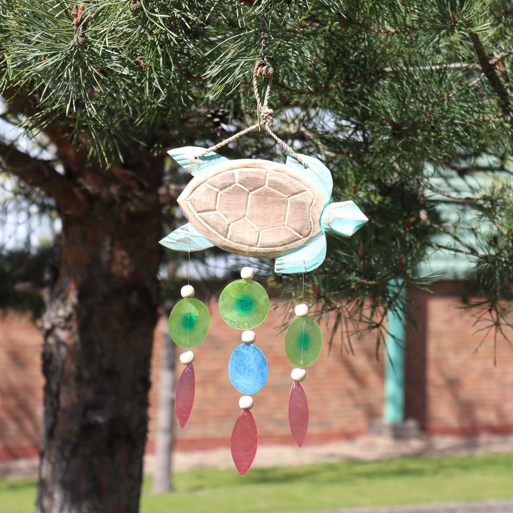 Aqua Turtle Carving & Capiz Shell Wind Chime – view 3