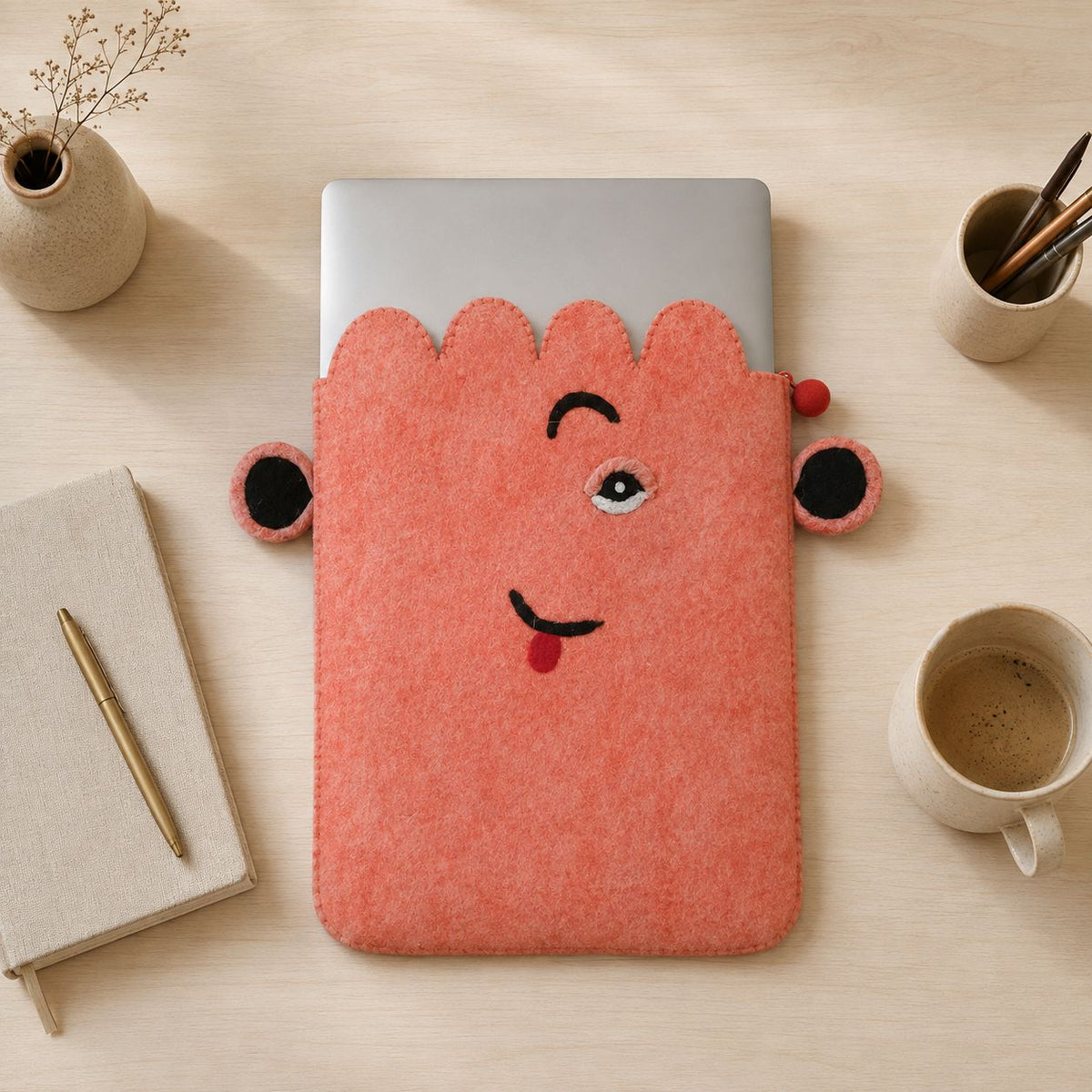 Pink Cute Face Felt Laptop Pouch, up to 14 Inches – view 2