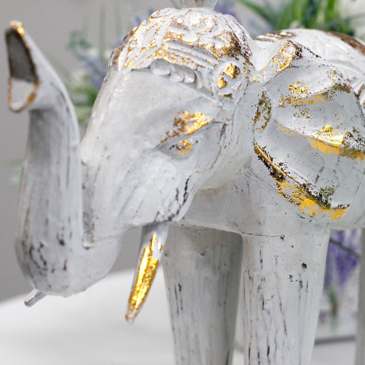 Carved Wood Elephant Statue, White and Gold – view 3