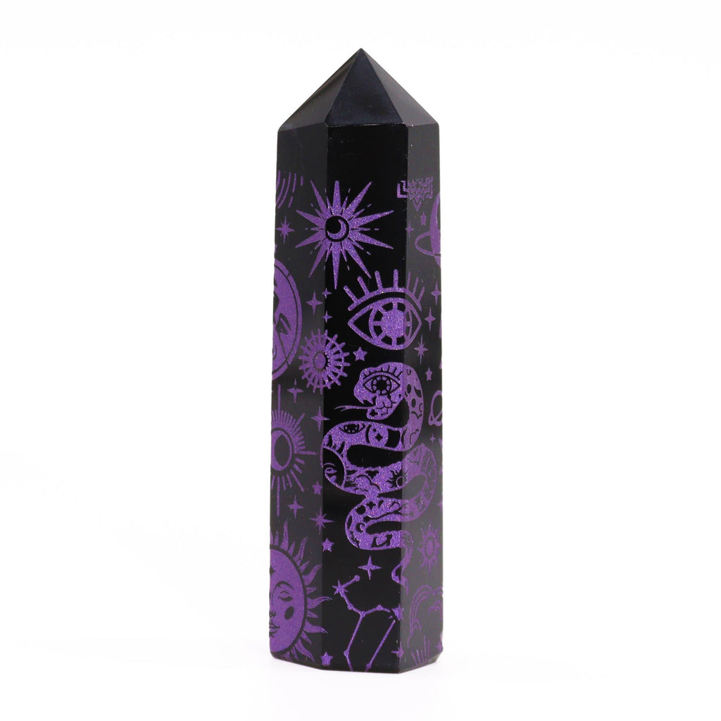 Engraved Black Obsidian Point - Deep Purple Celestial Symbols – view 3