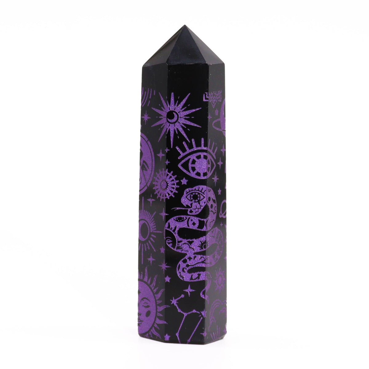 Engraved Black Obsidian Point - Deep Purple Celestial Symbols – view 3
