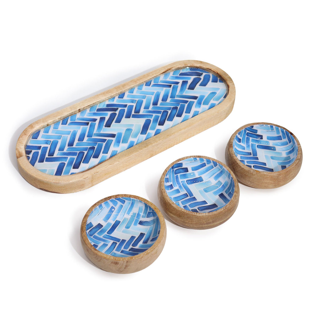 Mango Wood Tray with 3 Bowls - Blue Stripes – view 4