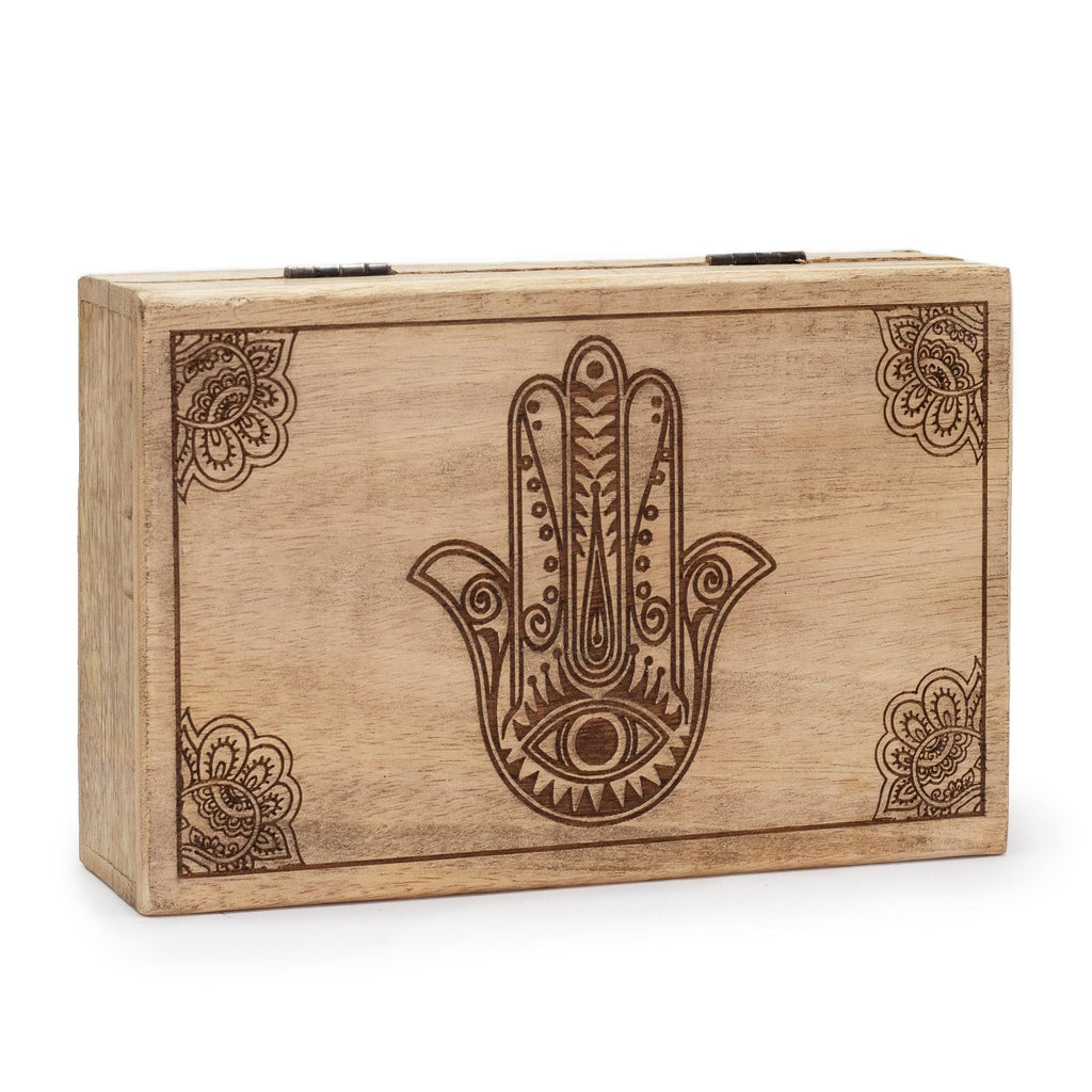 Mango Wood Rectangular Box, Hamsa Black Engraved