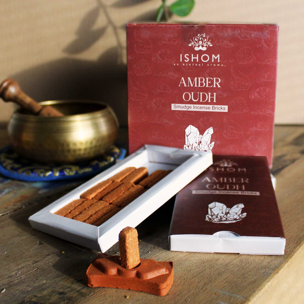 Amber Wood Natural Incense Bricks with Burner, Pack of 15