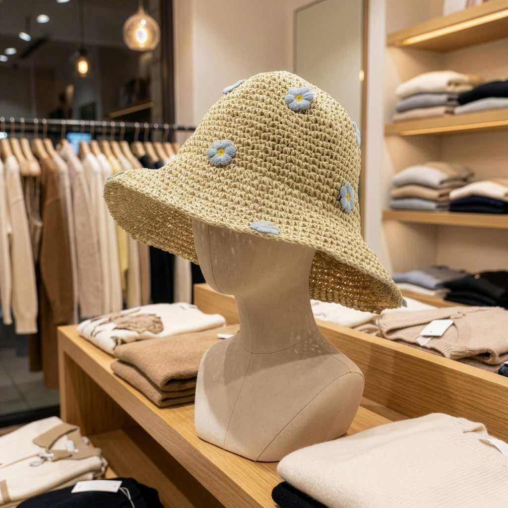 Nomad Sari Floppy Straw Sun Hat - Beige with Blue Flowers – view 7