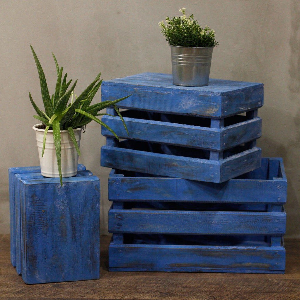 Set of 3 Wooden Storage Boxes - Bluewash